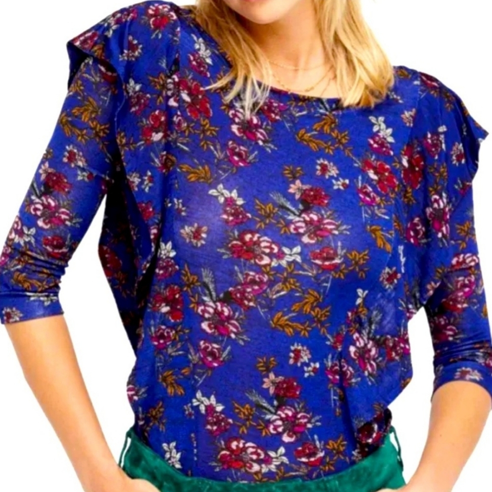 Free People Floral Blue Dock Street 3/4 Sleeve Ruffle Blouse Top Womens Size XS